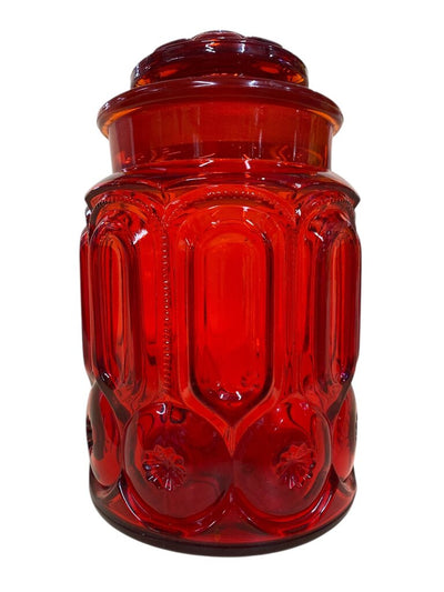 Vintage L.E. Smith Moon and Stars Amberina Glass Canister with Lid
