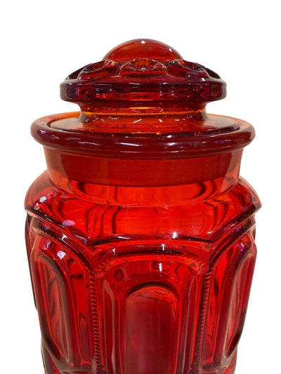 Vintage L.E. Smith Moon and Stars Amberina Glass Canister with Lid