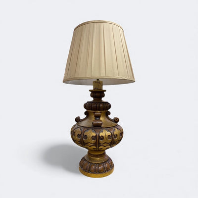 Vintage 1950's Giltwood Heavily Carved Urn-Shape Table Lamp w/ Golden Empire Silk Box Pleat Lampshade