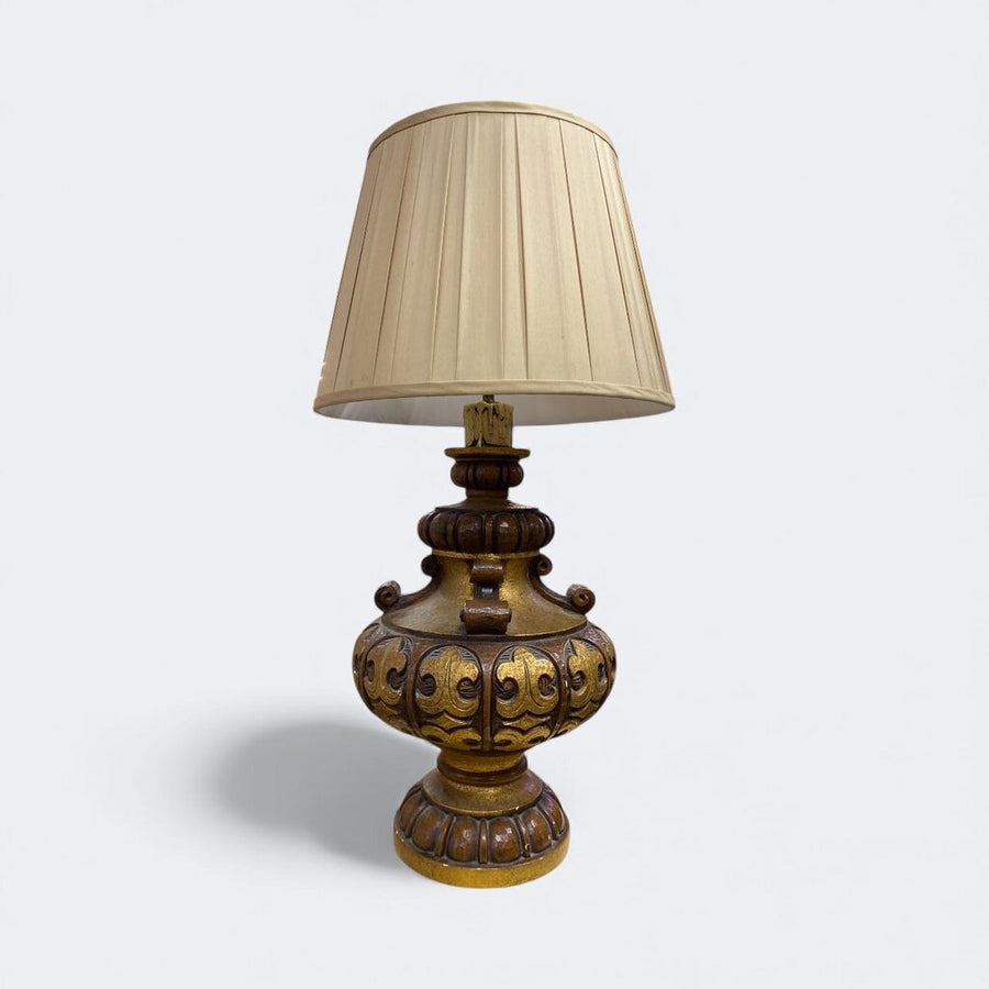Vintage 1950's Giltwood Heavily Carved Urn-Shape Table Lamp w/ Golden Empire Silk Box Pleat Lampshade