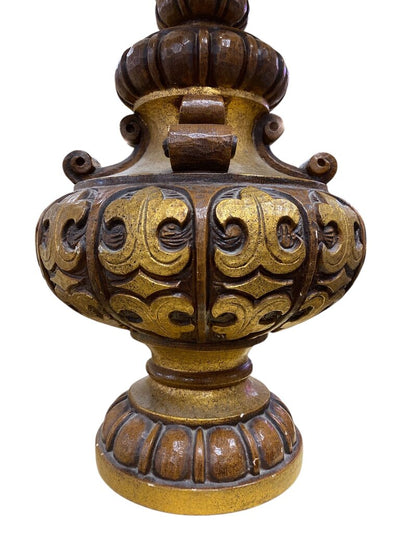 Vintage 1950's Giltwood Heavily Carved Urn-Shape Table Lamp w/ Golden Empire Silk Box Pleat Lampshade