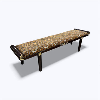 Mid Century Dark Wood Upholstered Leaves Bench