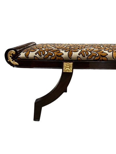 Mid Century Dark Wood Upholstered Leaves Bench