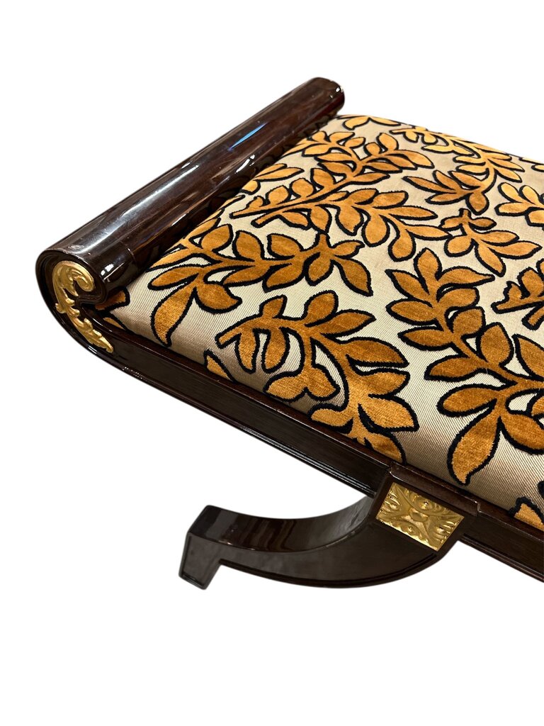 Mid Century Dark Wood Upholstered Leaves Bench