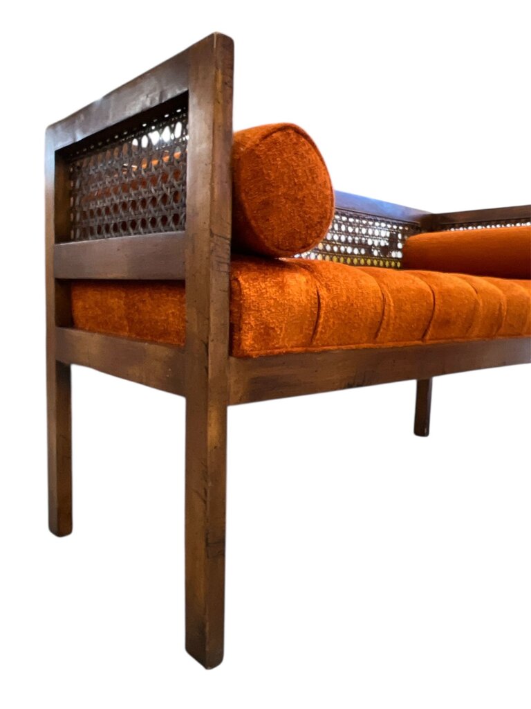 Mid Century Modern Cane Back Settee with Orange Cushion