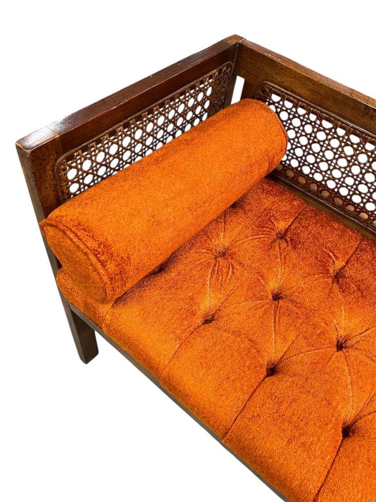 Mid Century Modern Cane Back Settee with Orange Cushion