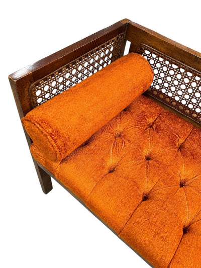 Mid Century Modern Cane Back Settee with Orange Cushion