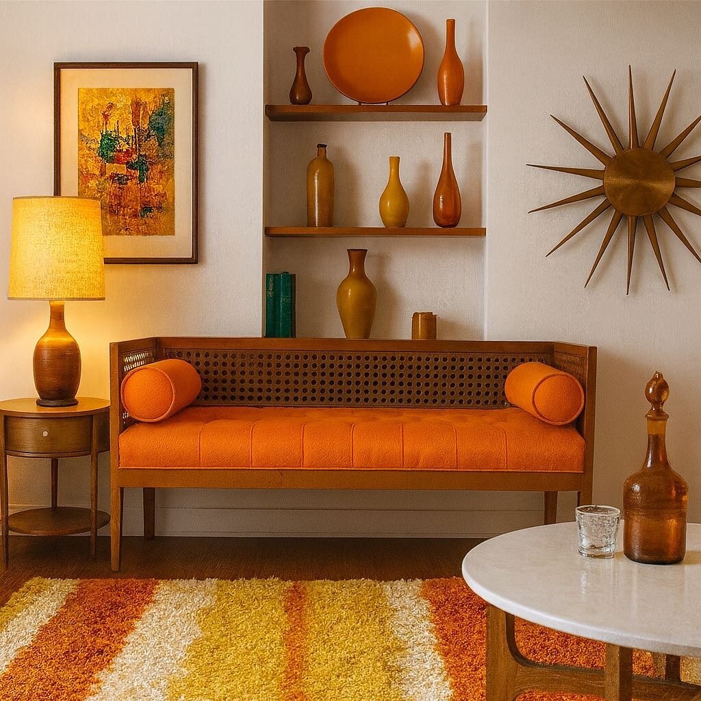 Mid Century Modern Cane Back Settee with Orange Cushion