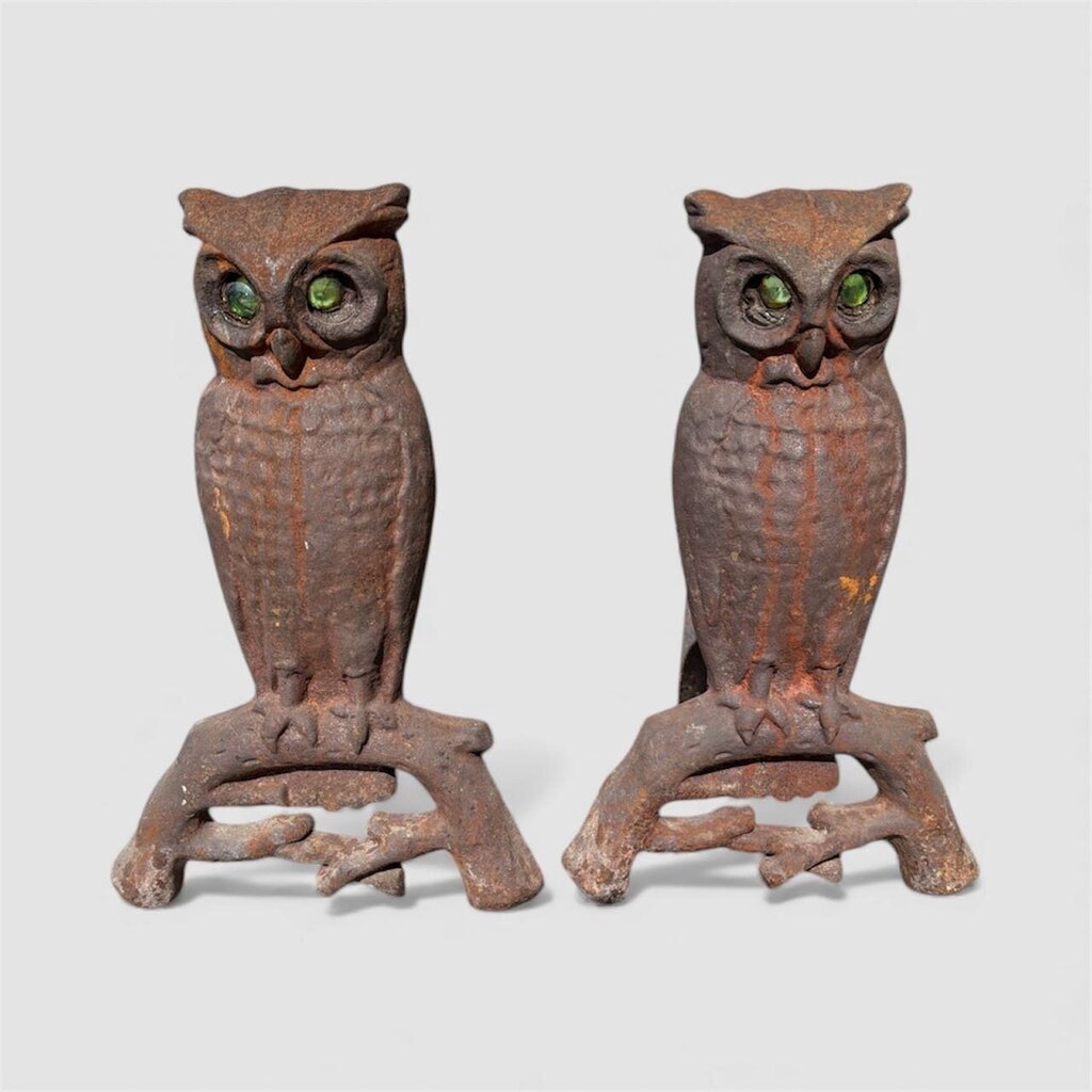 Antique Pair Cast Iron Owl Andirons Glass Eyes Fireplace Log Holder
