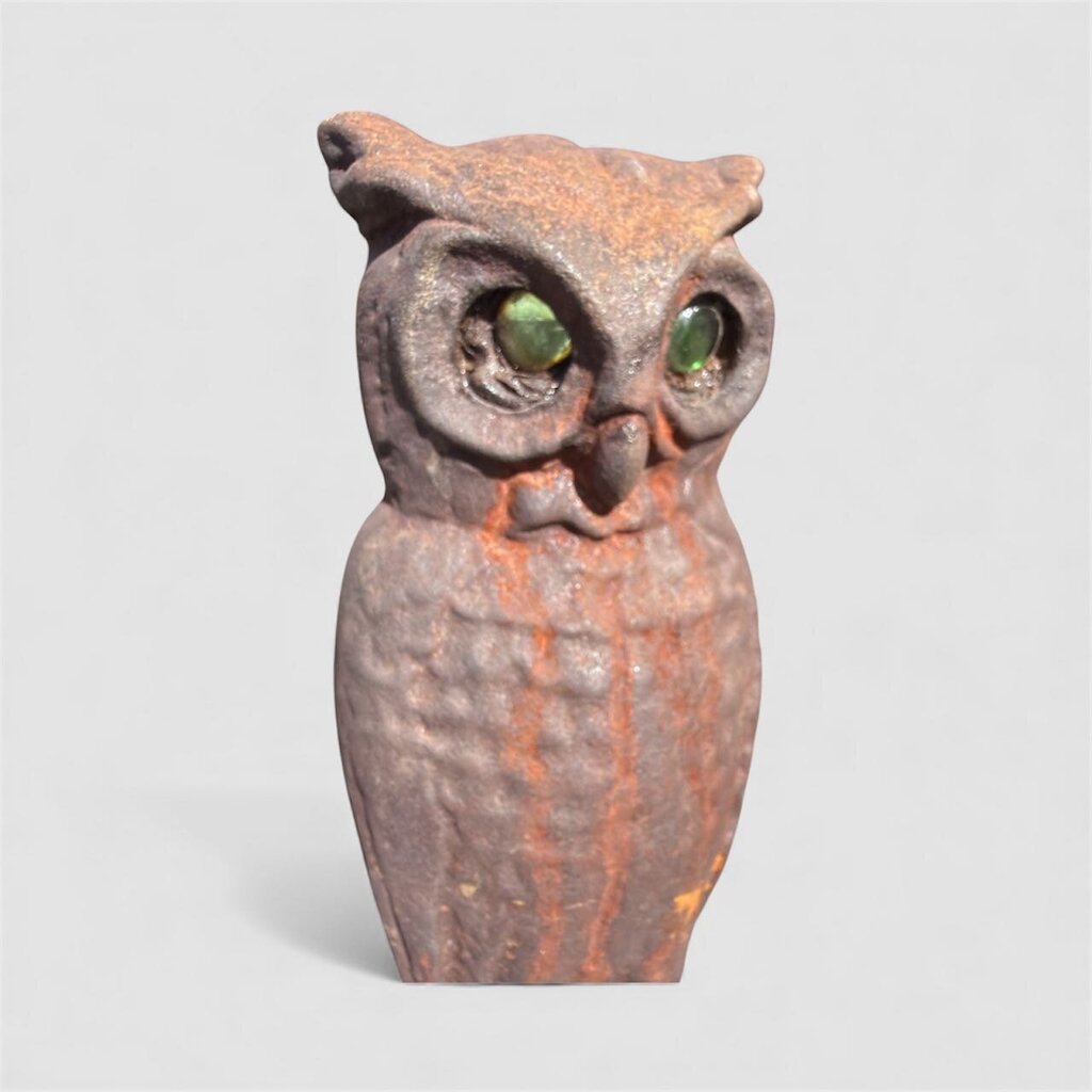 Antique Pair Cast Iron Owl Andirons Glass Eyes Fireplace Log Holder