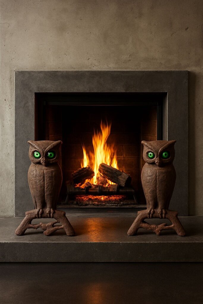 Antique Pair Cast Iron Owl Andirons Glass Eyes Fireplace Log Holder