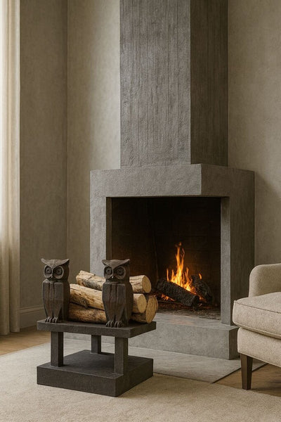 Antique Pair Cast Iron Owl Andirons Glass Eyes Fireplace Log Holder