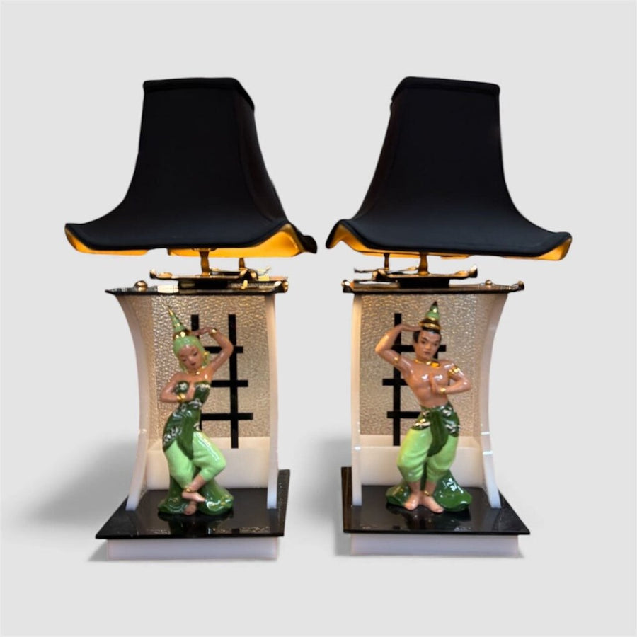 Mid Century Pair of Siamese Dancer Moss Lamps (Set of 2)