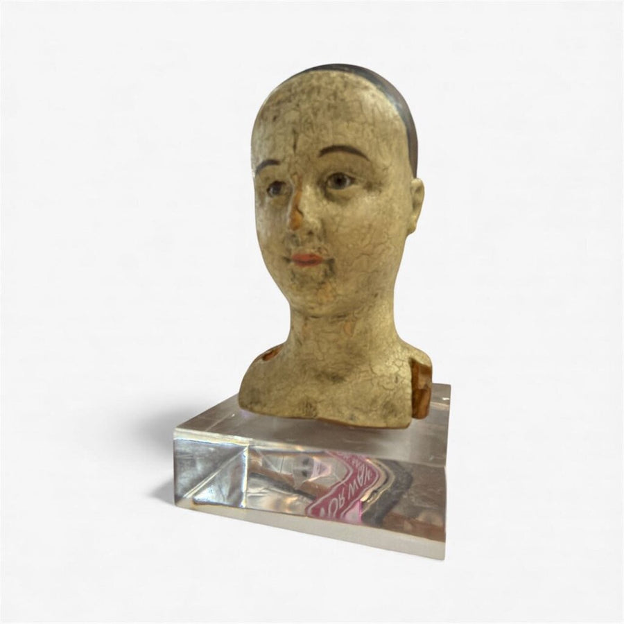 Vintage Small Carved and Painted Wooden Head with Lucite Base