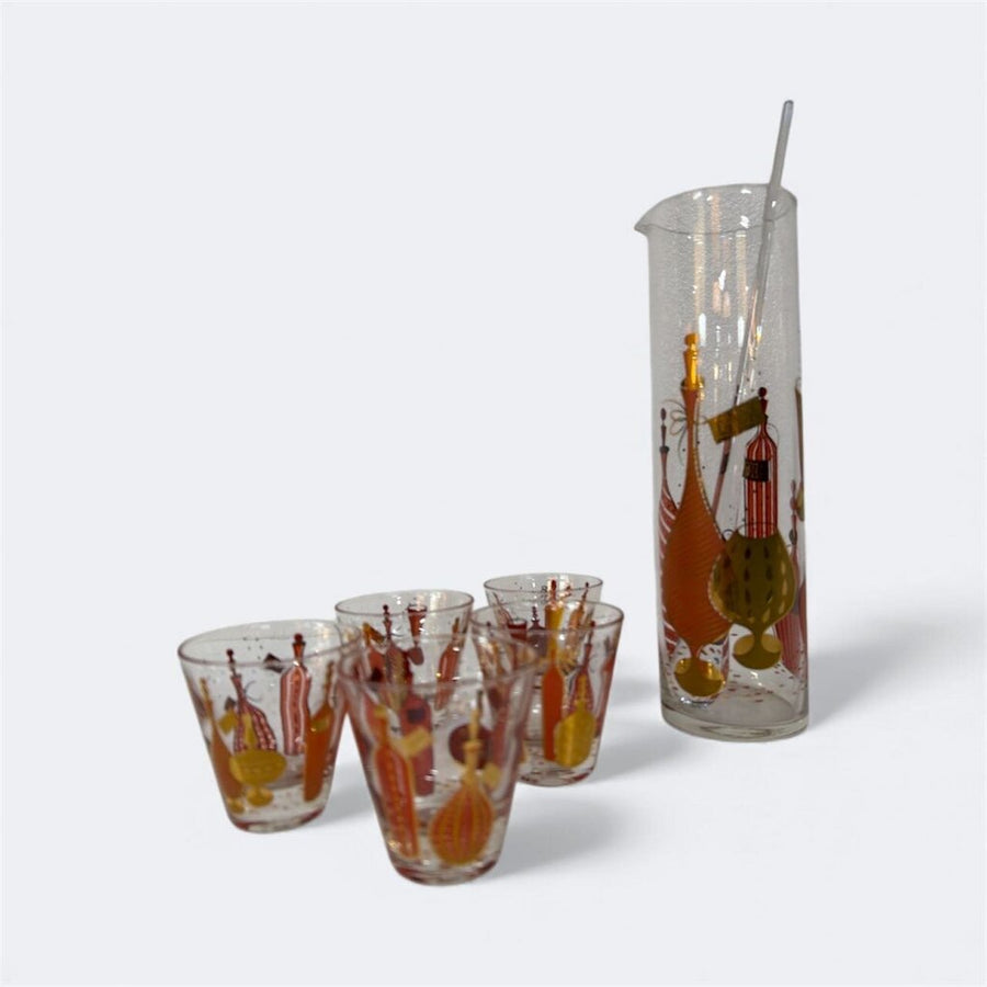 Vintage 1950's 24K Gold Gay Fad Bordeaux Pattern Cocktail Pitcher, Stir Stick and 5 Tumblers (Set of 7)
