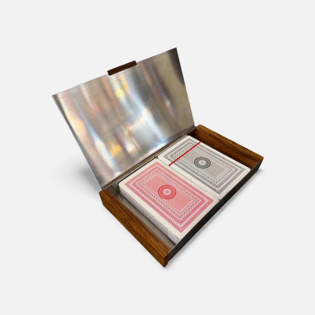 Mid Century Danish Modern Stainless Steel and Rosewood Playing Card Set or Cigarette Box