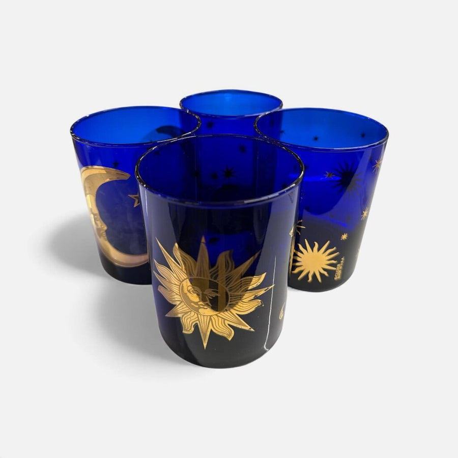 Culver Mid Century Cobalt Blue and Gold Moon and Stars Double Old Fashioned Glasses (Set of 4)