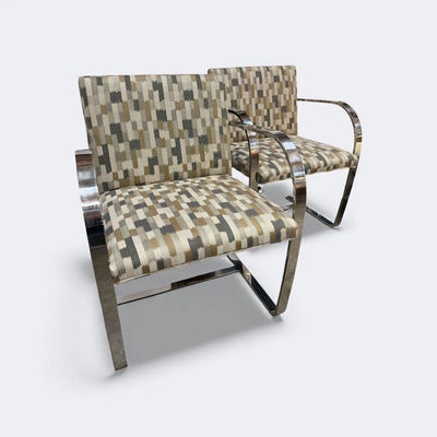 Knoll (STAINLESS) Mid Century Pair of Ludwig Mies van der Rohe BRNO Cantilever Flat Bar Arm Chairs - New Knoll Upholstery (Set of 2)
