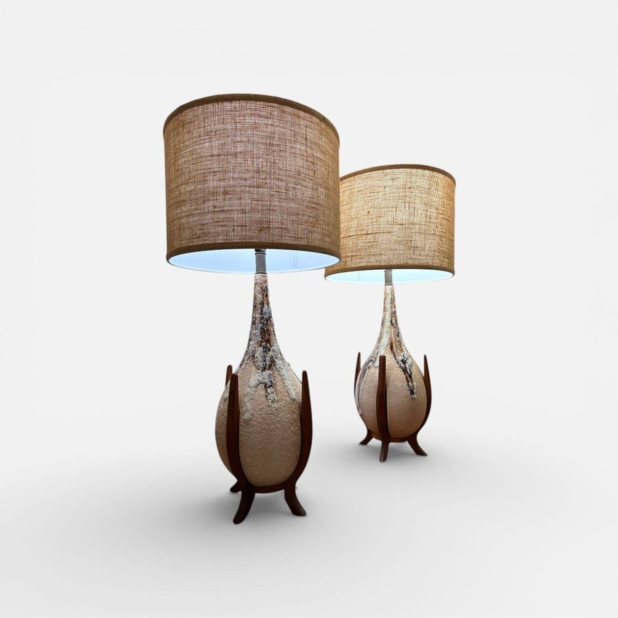 PAIR Monumental Teak and Lava Glazed Pottery Danish Mid Century Lamps with Burlap Shades (Set of 2)