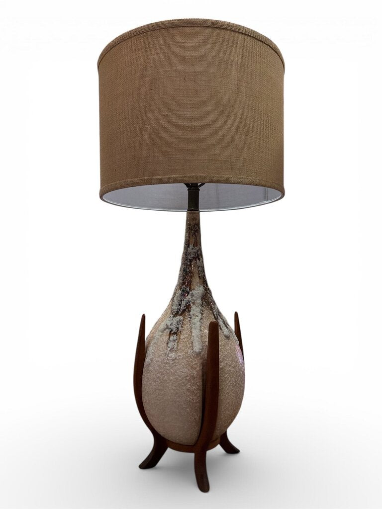 PAIR Monumental Teak and Lava Glazed Pottery Danish Mid Century Lamps with Burlap Shades (Set of 2)