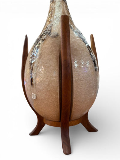 PAIR Monumental Teak and Lava Glazed Pottery Danish Mid Century Lamps with Burlap Shades (Set of 2)