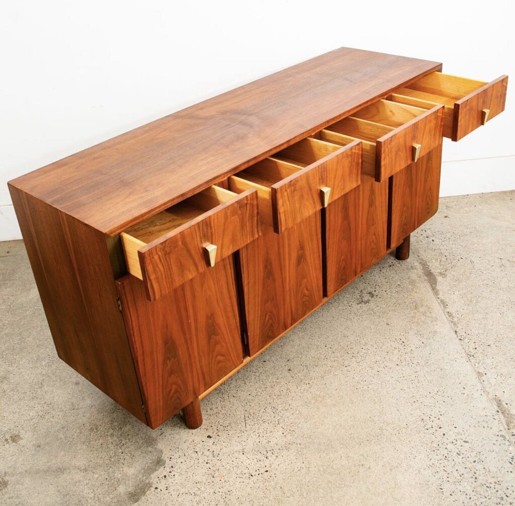 Mid Century Modern Credenza Dresser Walnut Brass 12 Drawer by American of Martinsville