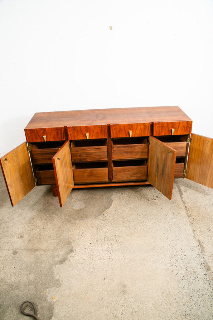 Mid Century Modern Credenza Dresser Walnut Brass 12 Drawer by American of Martinsville