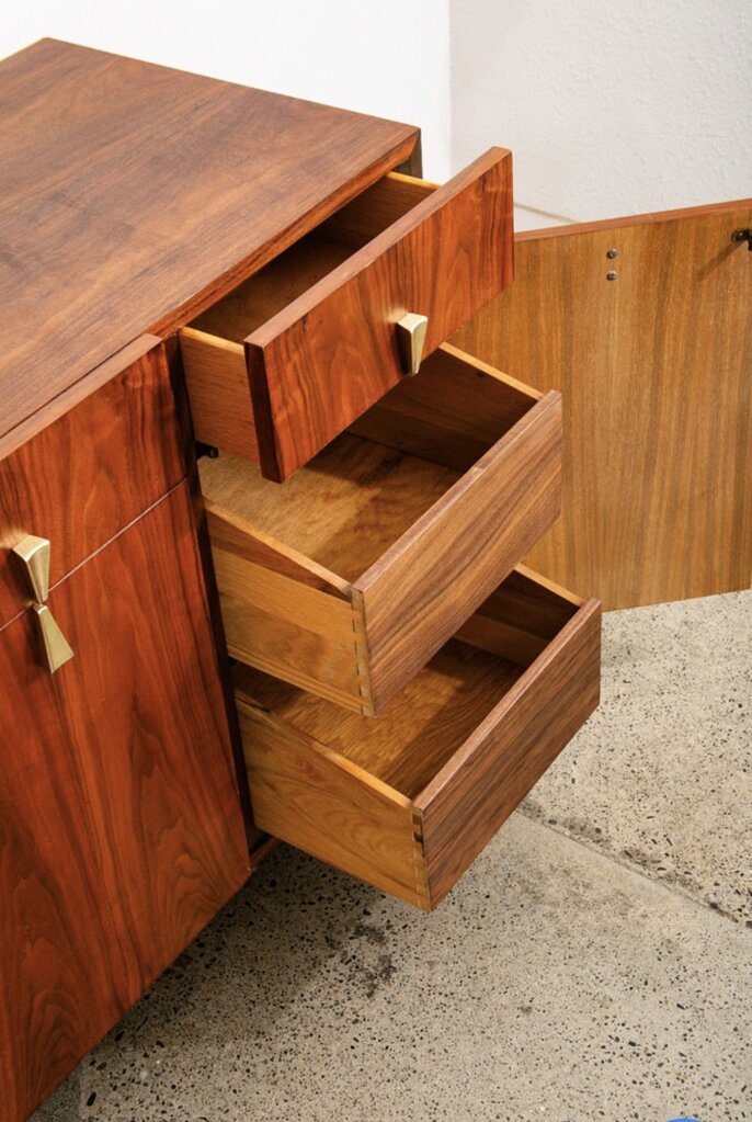 Mid Century Modern Credenza Dresser Walnut Brass 12 Drawer by American of Martinsville