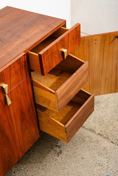 Mid Century Modern Credenza Dresser Walnut Brass 12 Drawer by American of Martinsville