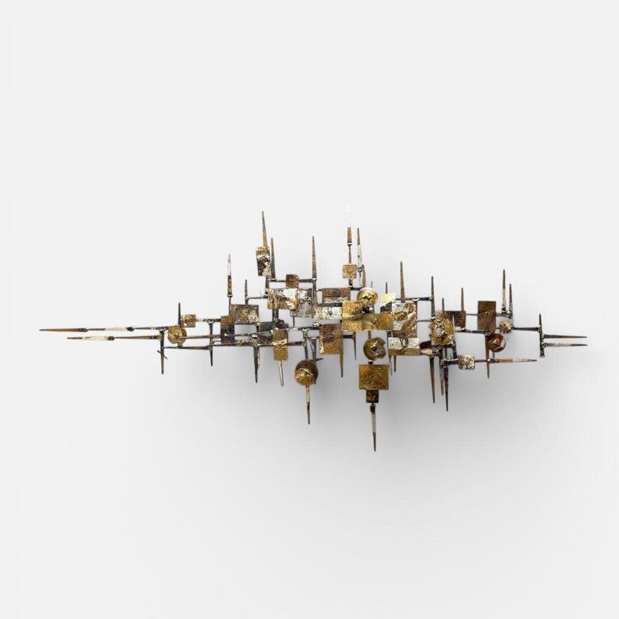 Mid Century Brutalist Brass Finish Nail Hanging Wall Art by Ray Berger