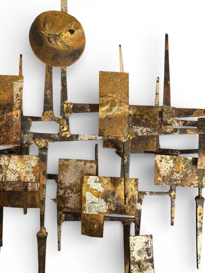 Mid Century Brutalist Brass Finish Nail Hanging Wall Art by Ray Berger
