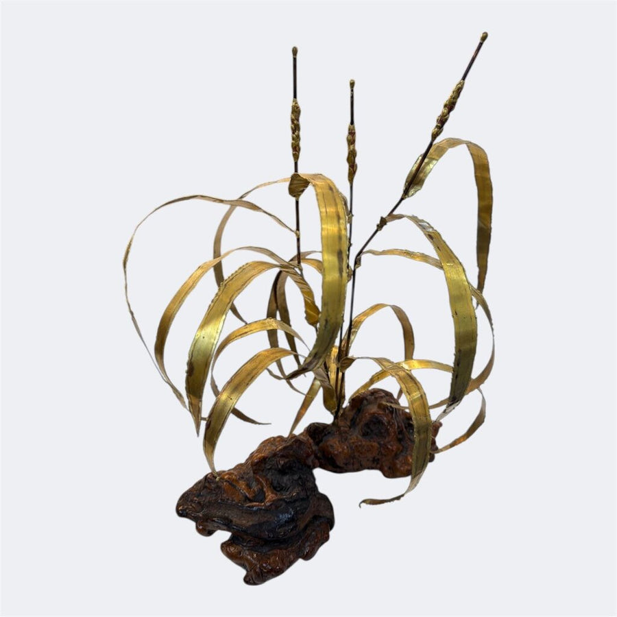 Brutalist Brass Mid Century Cat Tails on Polished Root Base