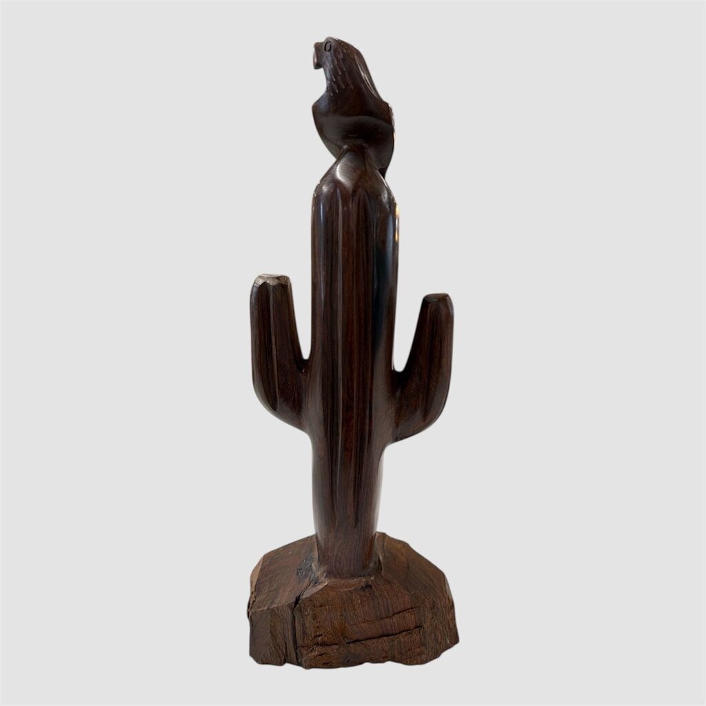 Mid Century Southwestern Carved Wood Bird & Cactus Sculpture