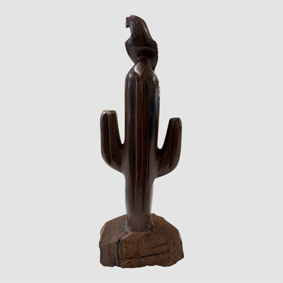 Mid Century Southwestern Carved Wood Bird & Cactus Sculpture