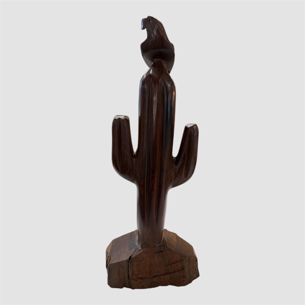 Mid Century Southwestern Carved Wood Bird & Cactus Sculpture