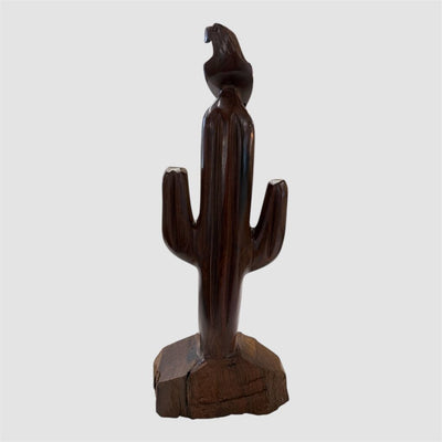 Mid Century Southwestern Carved Wood Bird & Cactus Sculpture