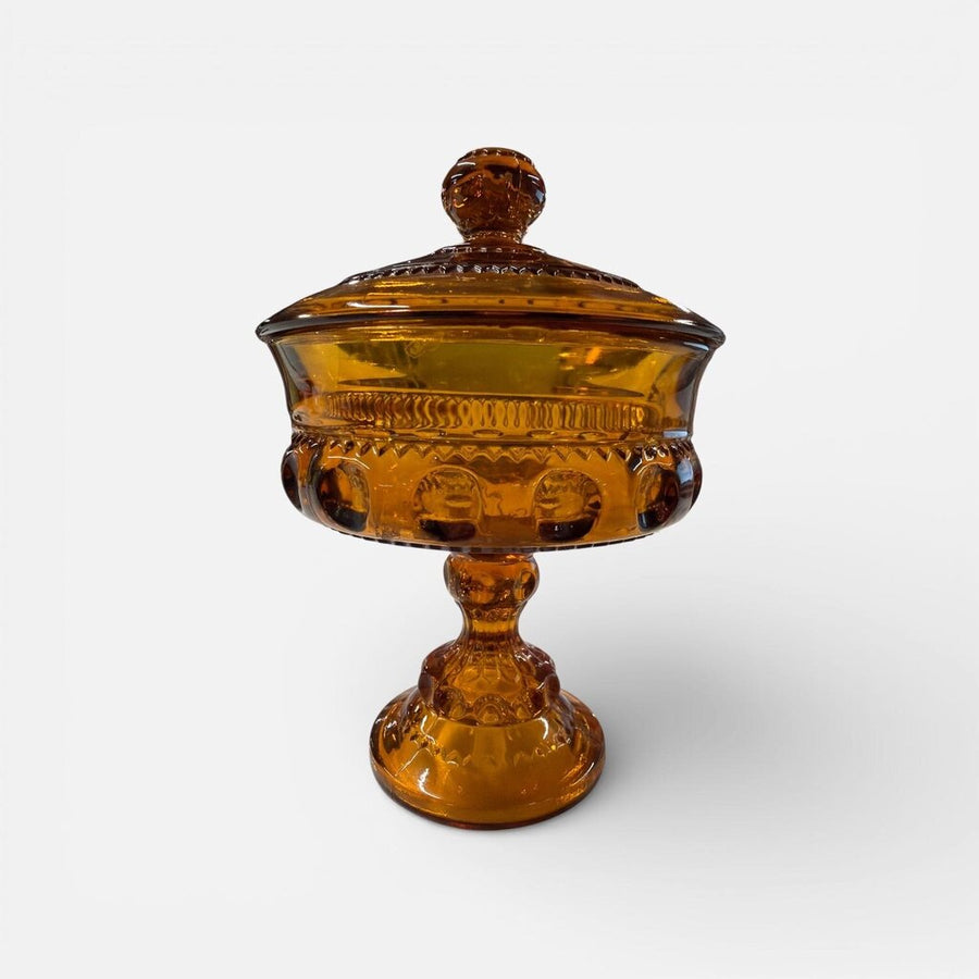 Vintage Amber King's Crown Covered Candy Dish