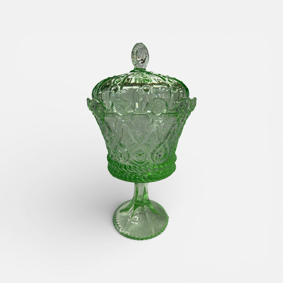 Vintage Green Indiana Glass Queen's Crown Lidded Candy Dish