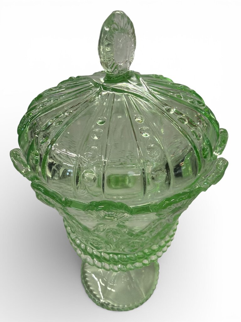 Vintage Green Indiana Glass Queen's Crown Lidded Candy Dish