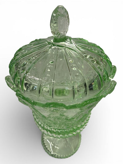 Vintage Green Indiana Glass Queen's Crown Lidded Candy Dish