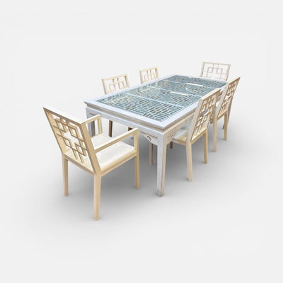 Hollywood Regency Chinoiserie 75" Dining Set with 4 Side Chairs & 2 Armchairs (Set of 7)