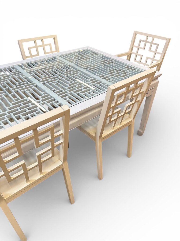 Hollywood Regency Chinoiserie 75" Dining Set with 4 Side Chairs & 2 Armchairs (Set of 7)