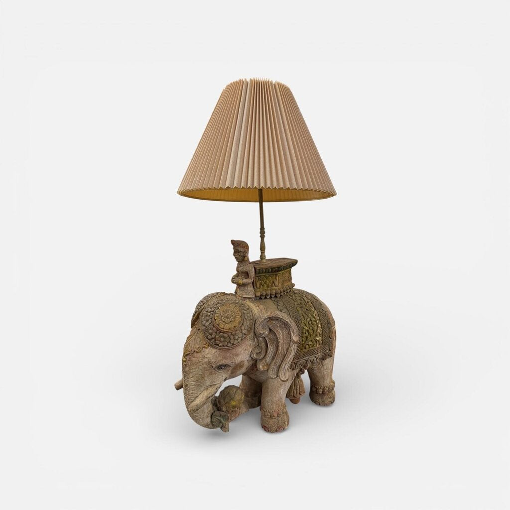 Antique Hand Carved Wood Polychrome Elephant Table Lamp