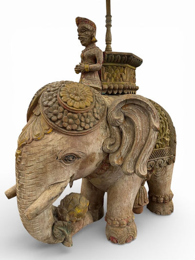 Antique Hand Carved Wood Polychrome Elephant Table Lamp