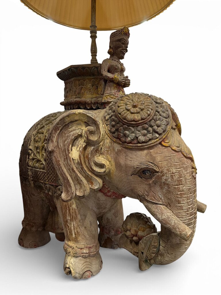 Antique Hand Carved Wood Polychrome Elephant Table Lamp