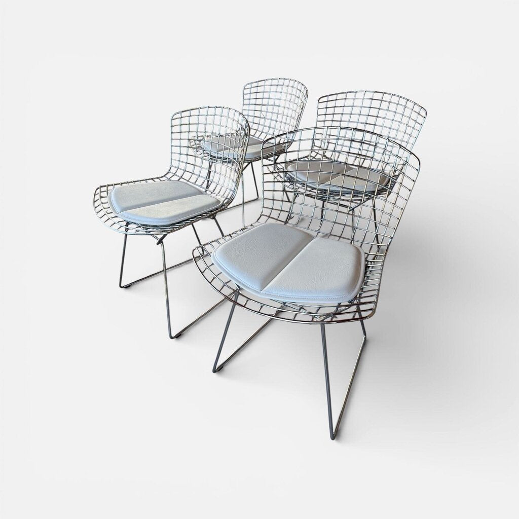 FOUR Knoll Chrome Bertoia Side Dining Chairs with New White Seat Pads (Set of 4)