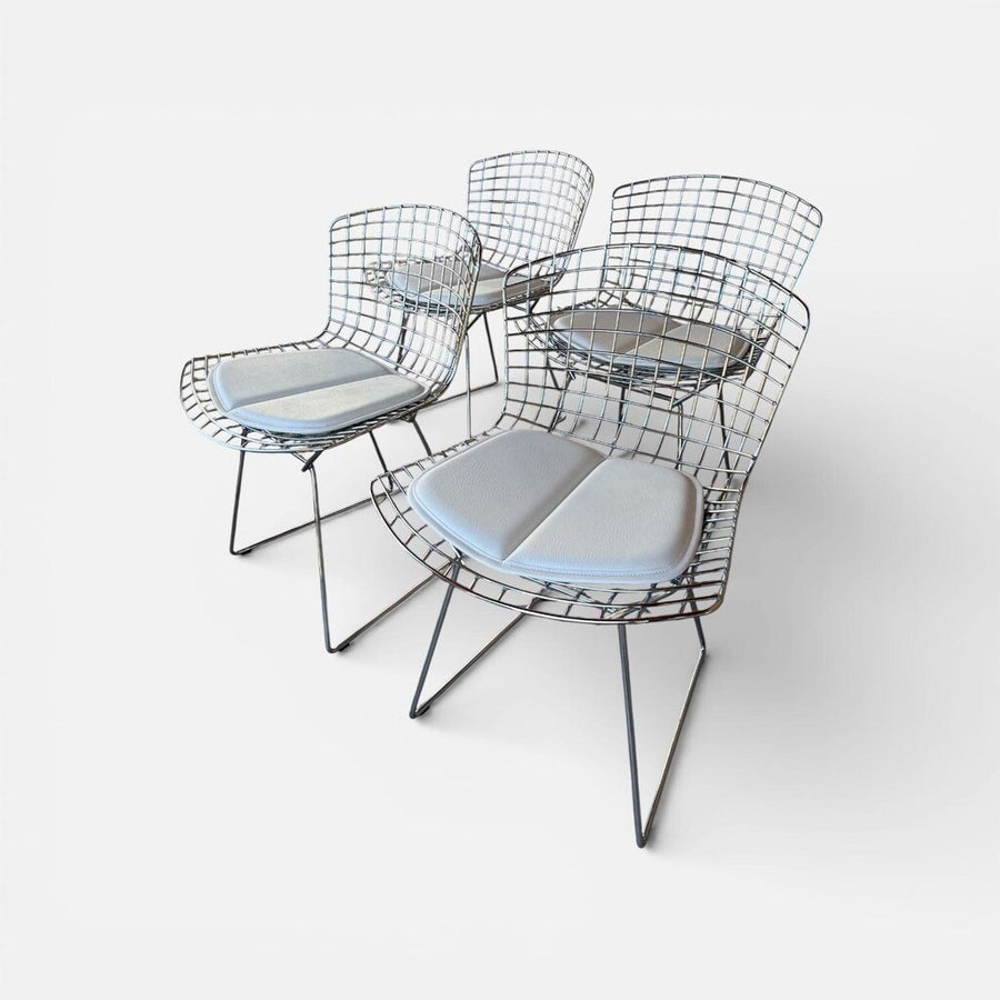 FOUR Knoll Chrome Bertoia Side Dining Chairs with New White Seat Pads (Set of 4)