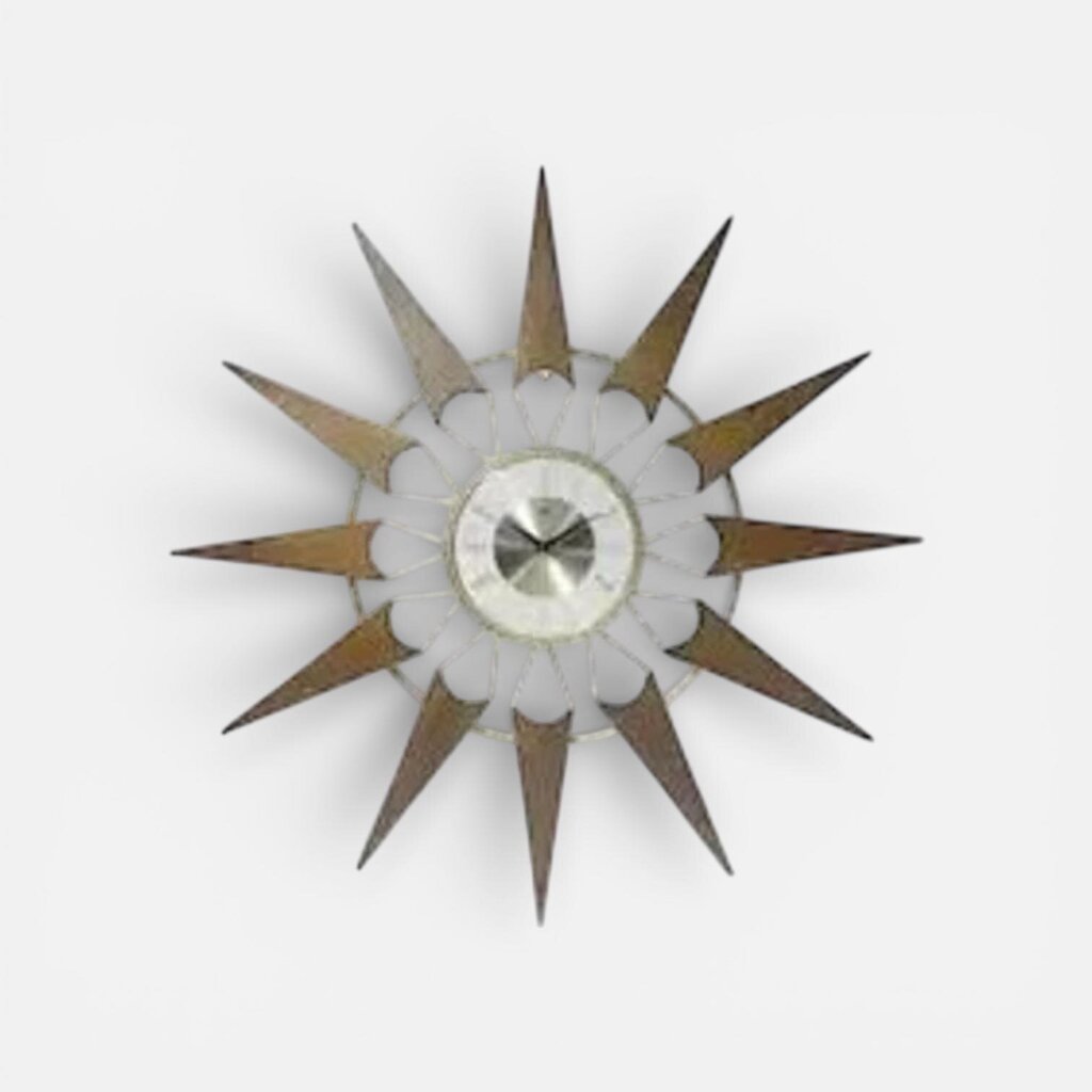 Midcentury/Modern Starburst Gold/Wood Wall Clock 30.5 Inch