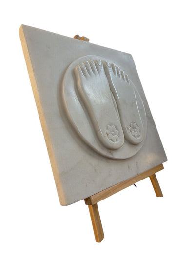 Vintage Sculpture White Makrana Marble known as a Charan Paduka represents the sacred footprint of a Hindu deity