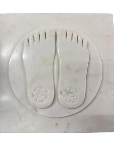 Vintage Sculpture White Makrana Marble known as a Charan Paduka represents the sacred footprint of a Hindu deity